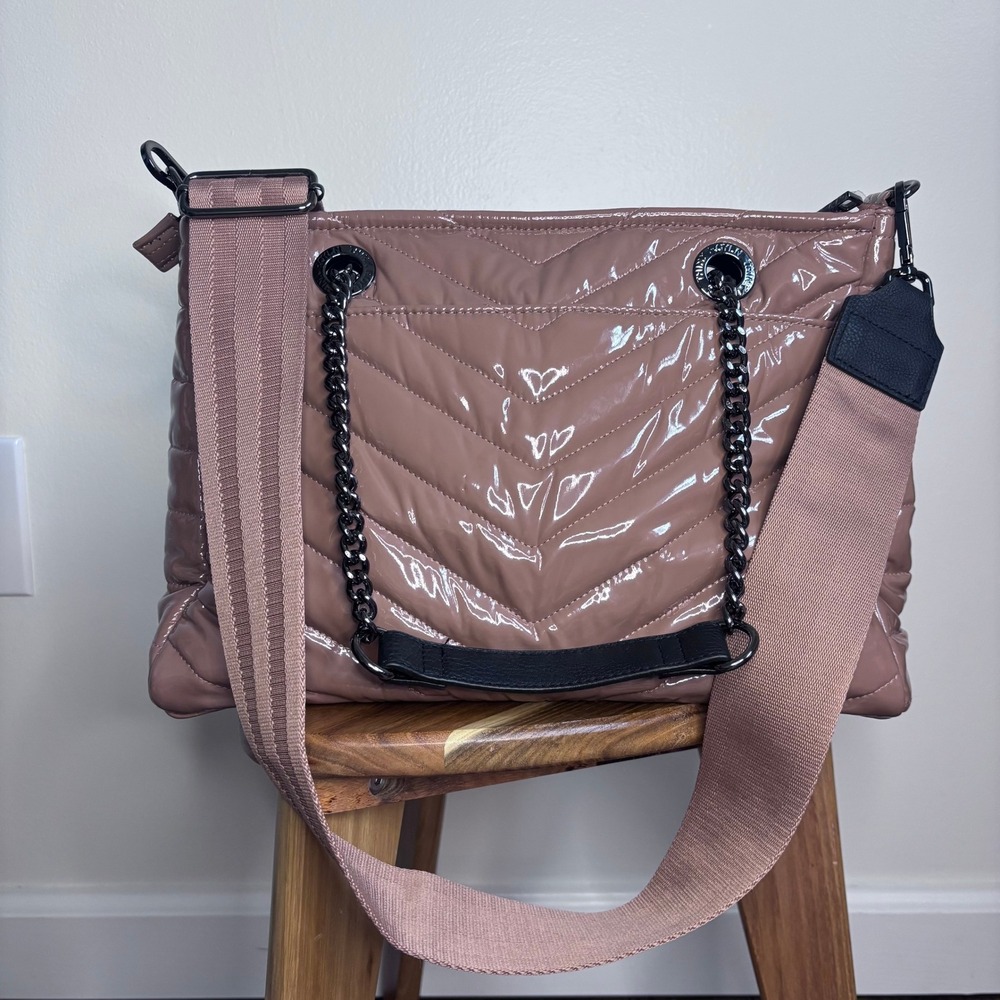 THINK ROYLN Quilted Patent Shoulder Bag in Dusty Rose